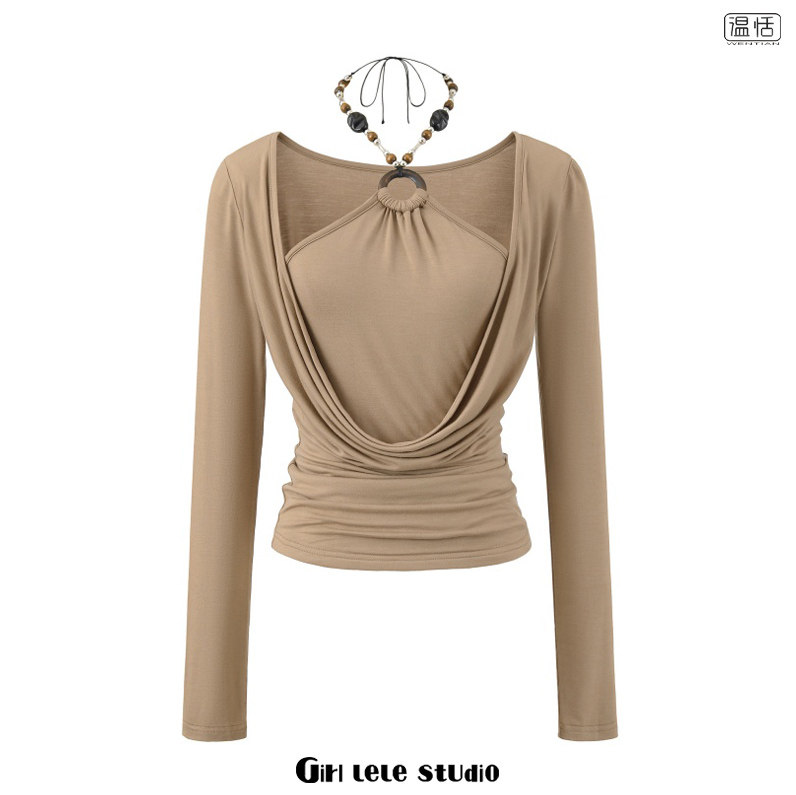 【包邮】美式性感辣妹风设计感挂脖荡领串珠吊坠长袖修身显瘦上衣