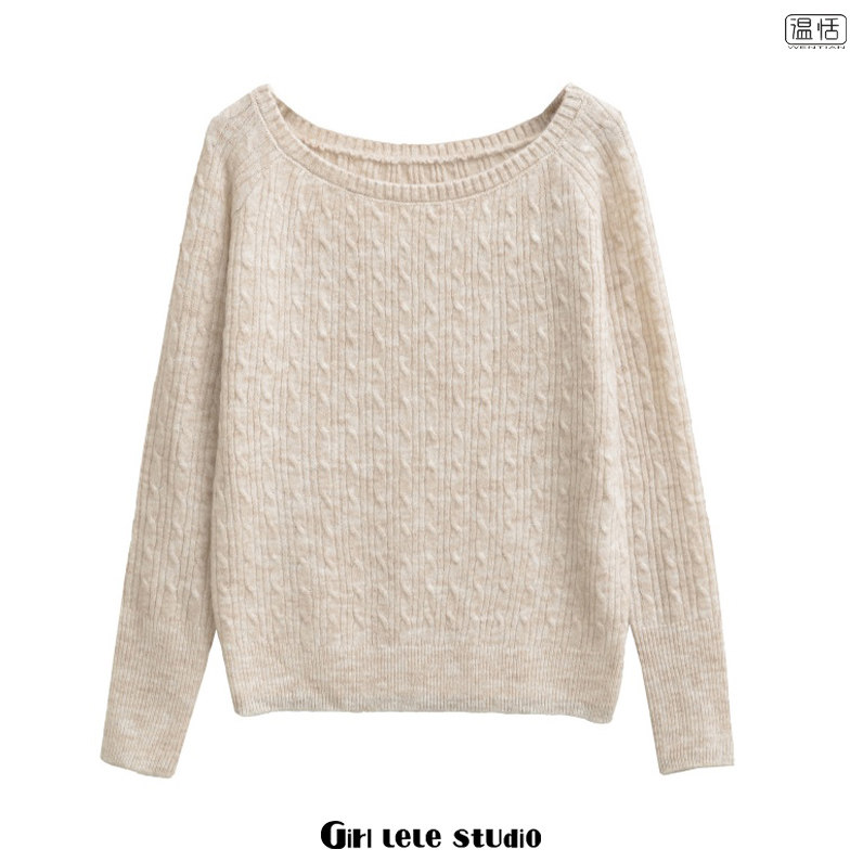 【包邮】美式复古风大领口一字肩麻花针织衫长袖百搭显瘦套头毛衣