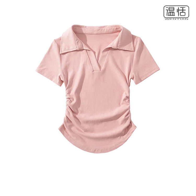 【包邮】纯欲翻领褶皱短袖T恤女夏季辣妹收腰显瘦修身百搭8色上衣