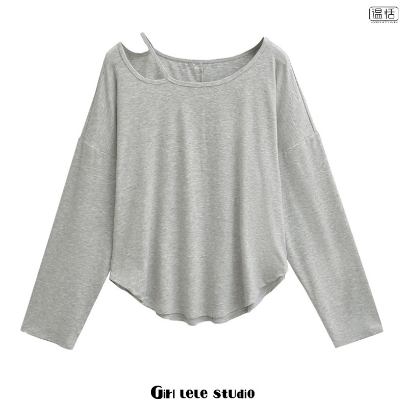 【包邮】美式辣妹风时尚简约露肩长袖T恤女宽松显瘦灰色休闲上衣