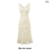 法式 包邮 复古V领宽肩带背心长裙子女收腰系带显瘦过膝连衣裙