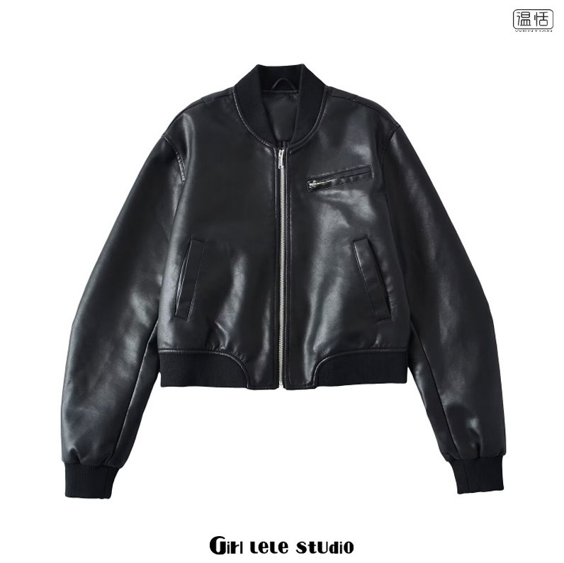 【包邮】美式复古风短款皮衣宽松休闲百搭时尚机车夹克外套女上衣