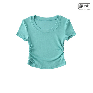 夏季 T恤女纯欲风圆领套头褶皱打底衫 辣妹短袖 紧身短上衣 包邮