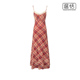 风情红色格纹吊带连衣裙女夏季 法式 花边拼接包臀长裙子 包邮