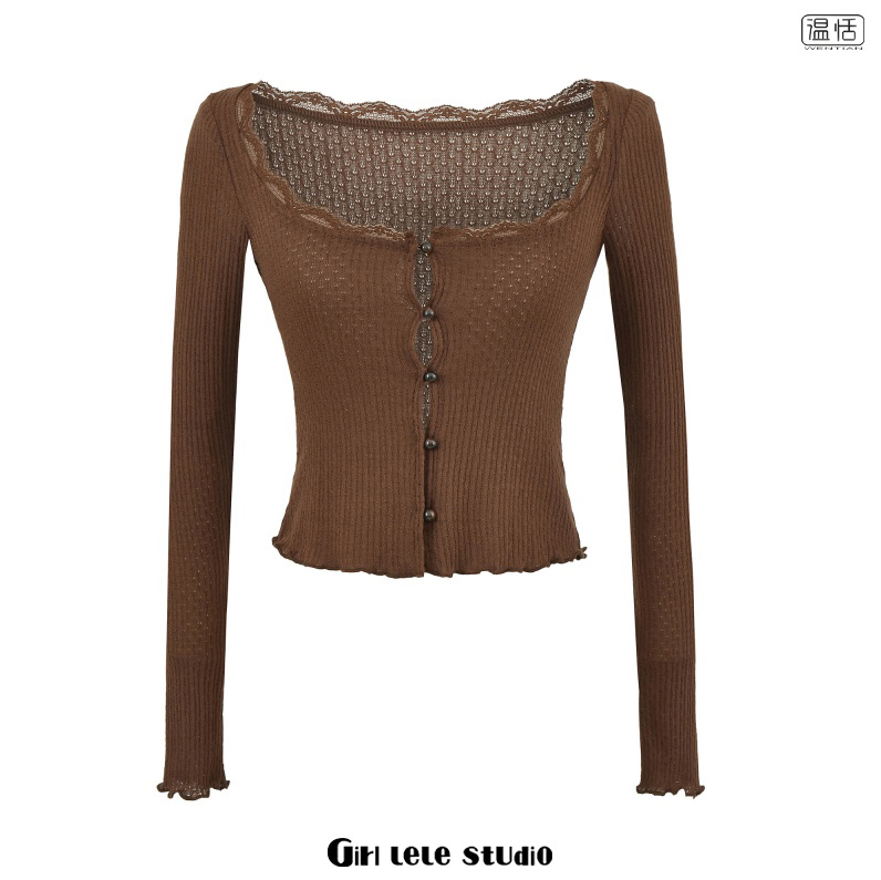 【包邮】纯欲辣妹风性感蕾丝拼接针织开衫女长袖修身显瘦纽扣上衣