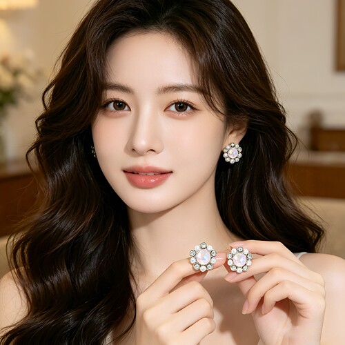 小巧精致水晶耳钉女轻奢几何韩版时尚感太阳花镶钻和珍珠耳饰