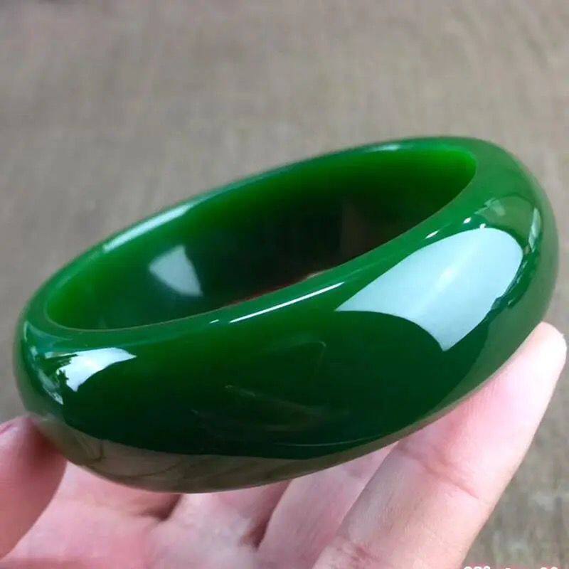 新疆天然A货正品和田玉碧玉手镯 女款菠菜绿加宽加厚旺夫碧玉镯子