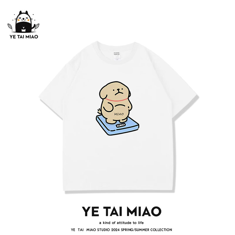 YE TAI MIAO卡通减肥称重狗短袖T恤纯棉女夏季新款休闲情侣宽松男
