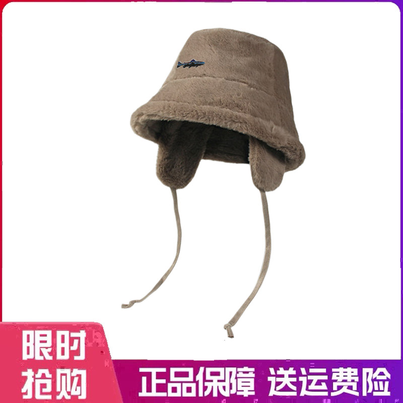 户外帽子秋冬纯色保暖毛绒绒渔夫帽女护耳系带毛盆帽仿貂毛皮草帽