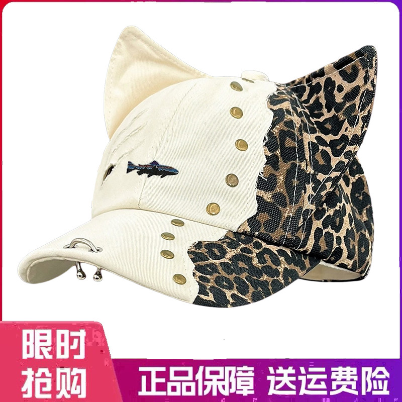 户外帽子豹纹猫耳棒球帽男女春季时尚铆钉破洞鸭舌帽大帽檐显脸小