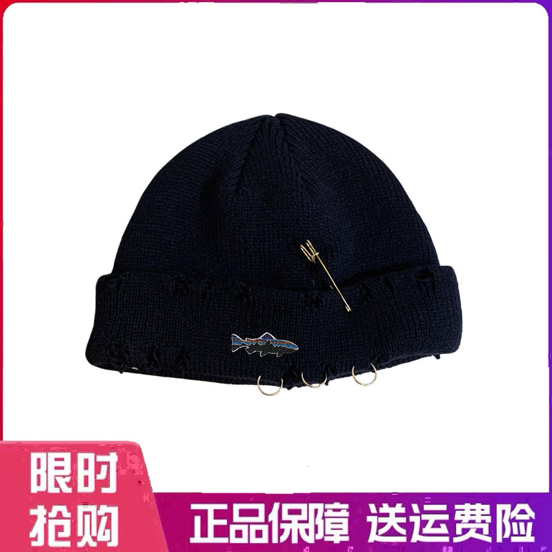 户外帽子圆环别针嘻哈毛线帽秋冬情侣网红时髦破洞帽子男女针织帽