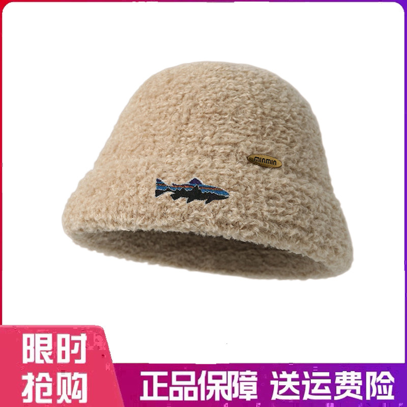 户外帽子羊羔毛绒渔夫帽女冬新款加厚保暖护耳简约百搭显脸小盆帽