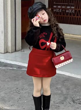 女童半身裙秋冬款加绒加厚红色新年圣诞短裙半裙冬装儿童冬季裙子