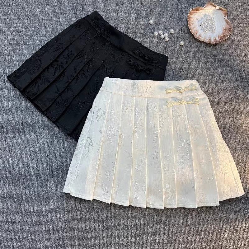 女童半身裙2026春秋百搭儿童新中式提花裙子洋气国风盘扣百褶短裙