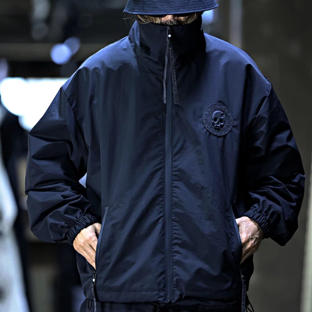 代购韩国潮牌BytheR春夏男新款骷髅徽章高领防风夹克宽松风衣梭织