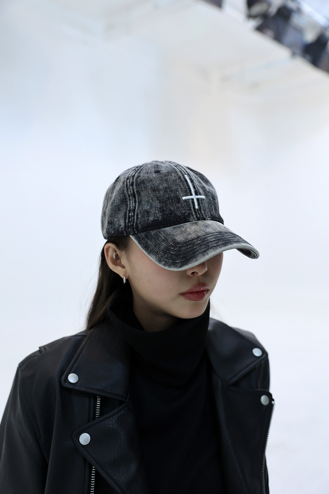 韩国潮牌BytheR ProjectR 十字刺绣水洗棒球帽白色帽子男女遮阳帽