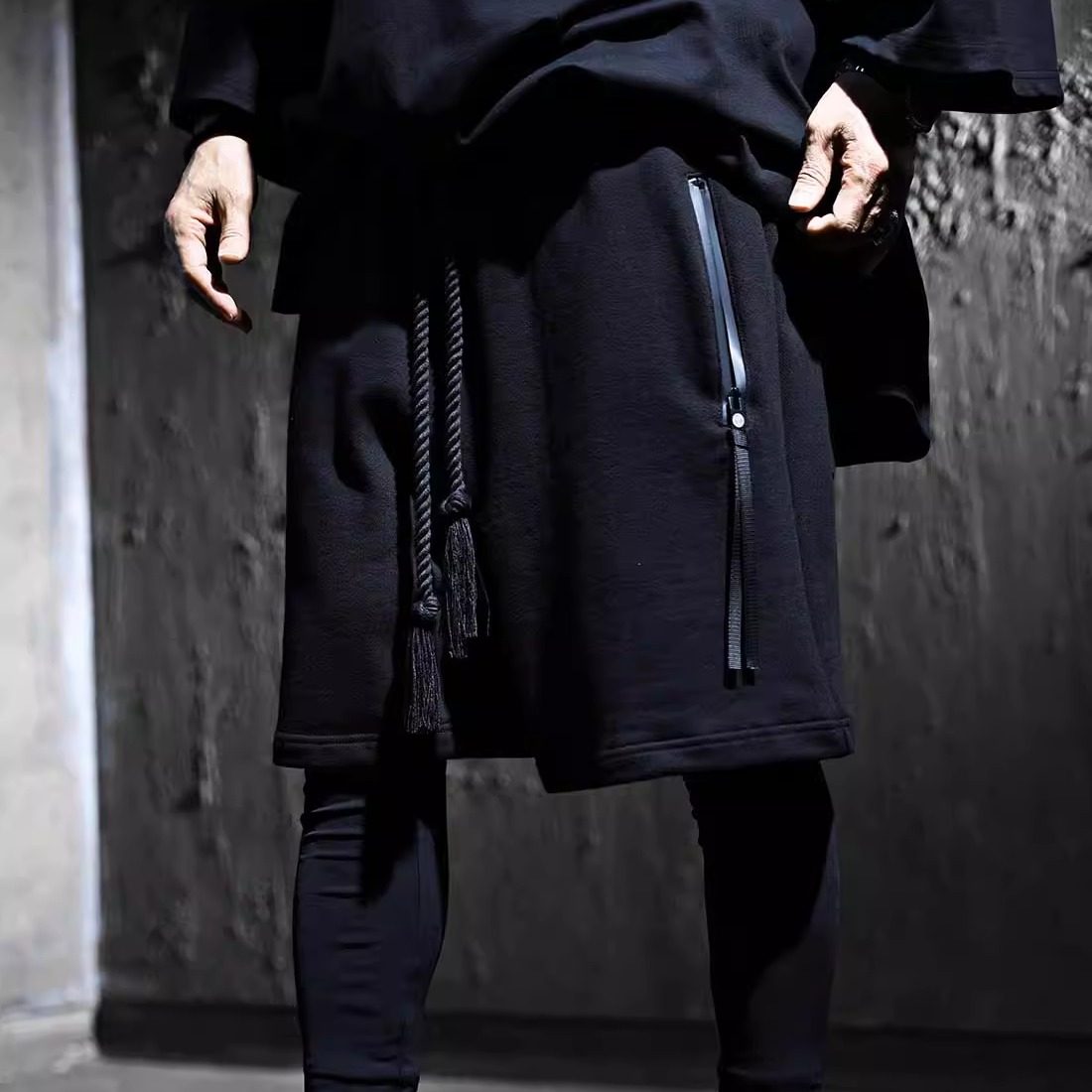 韩国代购BYTHER休闲短裤24秋季新男士黑色纯棉拉链口袋绳索短裤潮