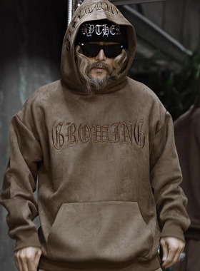 代购韩国潮牌B yTheR 男女冬季字母刺绣绒面革连帽衫厚实卫衣保暖