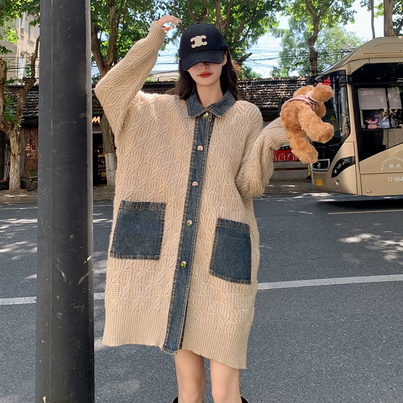 韩版慵懒风长款针织外套女2025春秋新款法式复古显瘦牛仔拼接上衣