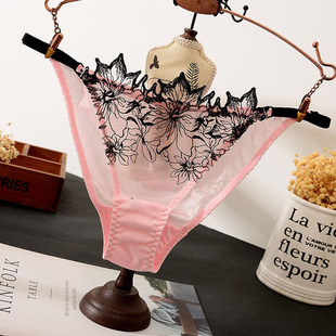 女 低腰内裤 9035 丁字裤 「雕婵」绣花网纱蕾丝透明诱惑棉档性感T裤