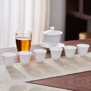 功夫茶具羊白瓷猪油白薄胎盖碗公道品茗杯家用待客高档整套装茶具