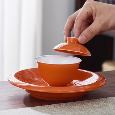 湘茗堂白瓷釉彩盖碗盖杯茶具套装