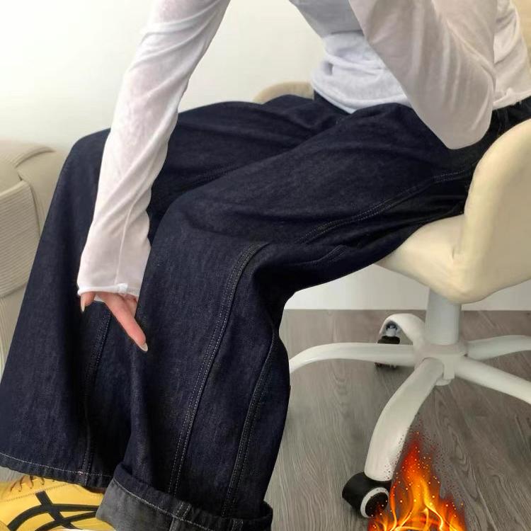 大码胖mm美式深蓝色直筒牛仔裤女