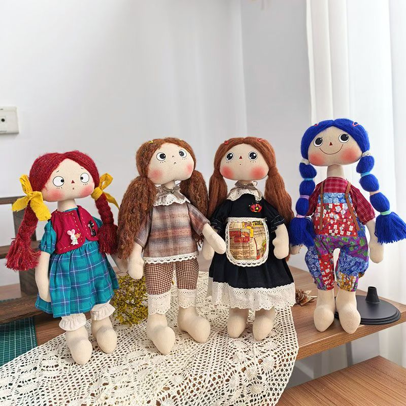 纯手工制作布艺娃娃田园风花布可爱女孩玩偶公仔北欧风双马尾摆件