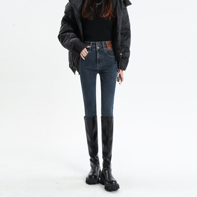 秋冬新品高腰显瘦加绒小脚九分牛仔裤女紧身铅笔裤子加绒