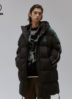 BEASTER 保暖白鸭绒连帽长款羽绒服男女冬季潮牌黑轻薄面料情侣