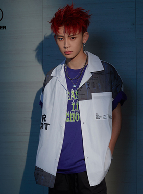 beaster官方 小恶魔鬼脸潮流拼接衬衫休闲印花街头立领短袖衬衣男