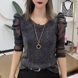 洋气泡泡袖亮丝网纱银线T恤女2026春夏新款拼接修身显瘦百搭上衣