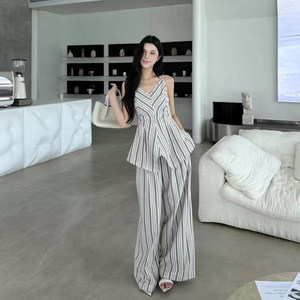 Vane韦恩条纹撞色收腰显瘦吊带上衣女夏外穿搭直筒阔腿裤套装女