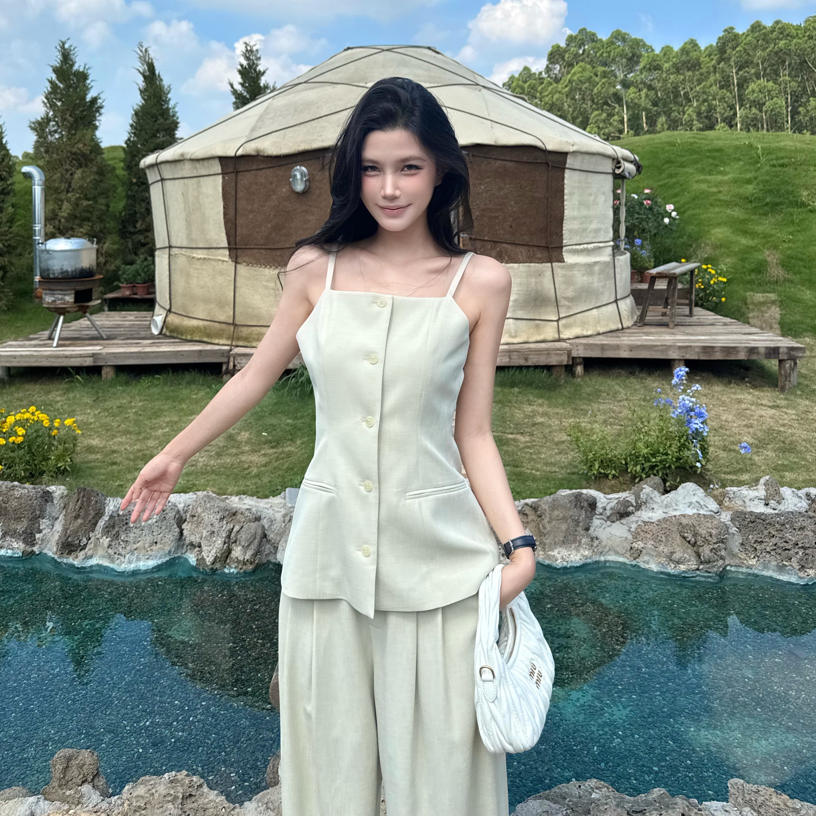 Vane韦恩韩版收腰百搭吊带衫搭阔腿长裤夏套装女两件套时尚气质