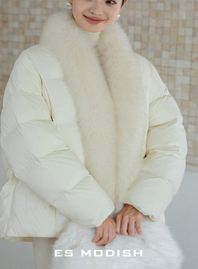 ES MODISH十三行狐狸毛领90白鸭绒羽绒服女2025冬季保暖外套女