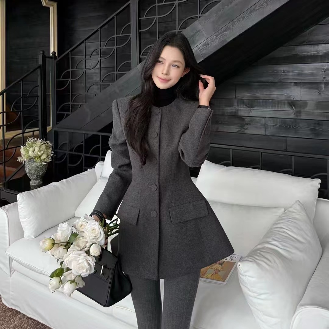 Vane韩版高级感收腰毛呢中长款