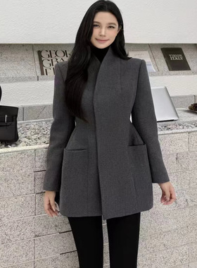 Vane韦恩十三行韩版宽松西装外套女2025新款毛呢大衣女中长款冬