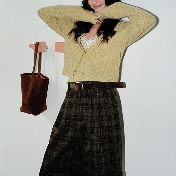 NEIHE复古卷边格纹休闲五分短裤