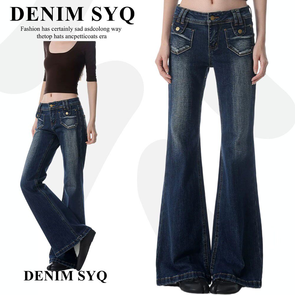 Denim淑娅琦美式复古深蓝色微喇牛仔裤女2026秋新款口袋喇叭裤子