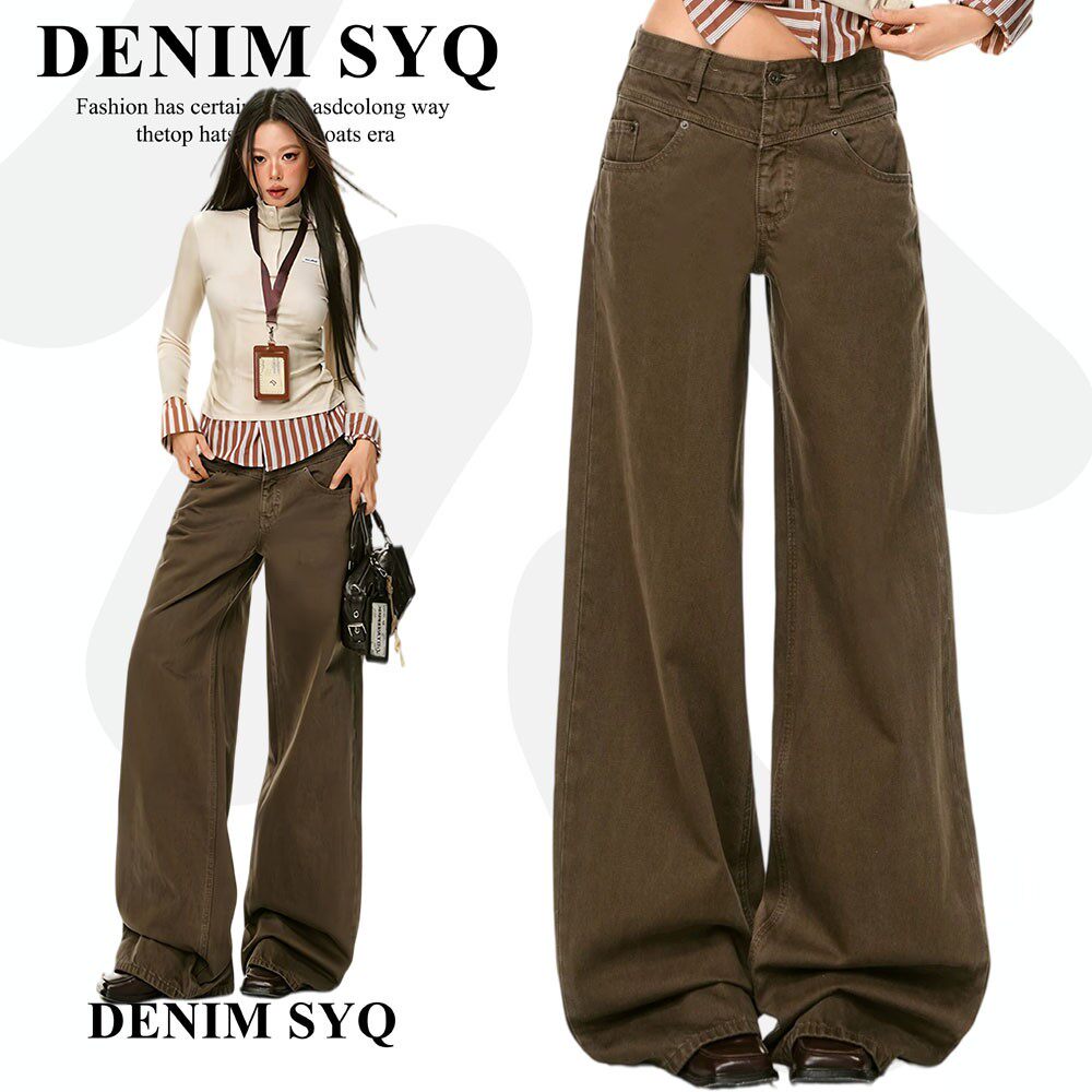 Denim淑娅琦美式棕色中低腰辣妹直筒牛仔裤女2026复古风阔腿长裤