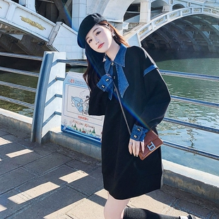 学院风polo连衣裙女春秋季 2023高级感牛仔拼接宽松小个子卫衣裙子