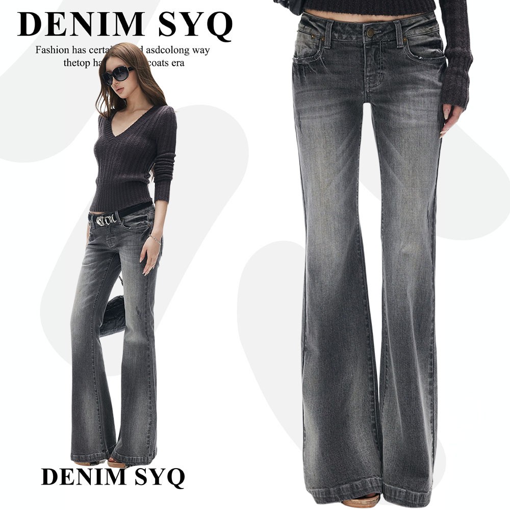 Denim淑娅琦美式竹节设计牛仔裤女2026秋季新款灰低腰显瘦微喇裤