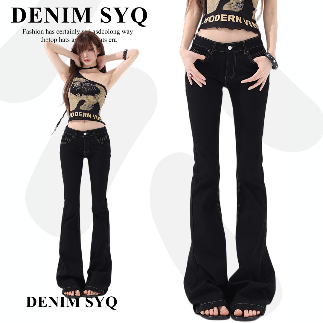 Denim淑娅琦美式复古黑色低腰微喇牛仔裤女2026新款显瘦拖地长裤