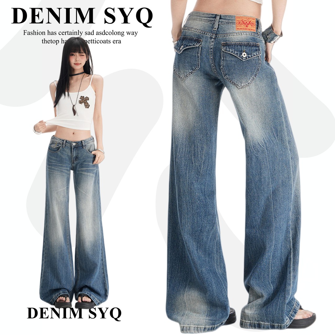 Denim淑娅琦美式复古低腰直筒牛仔裤女2026新款不贴腿微喇叭裤子