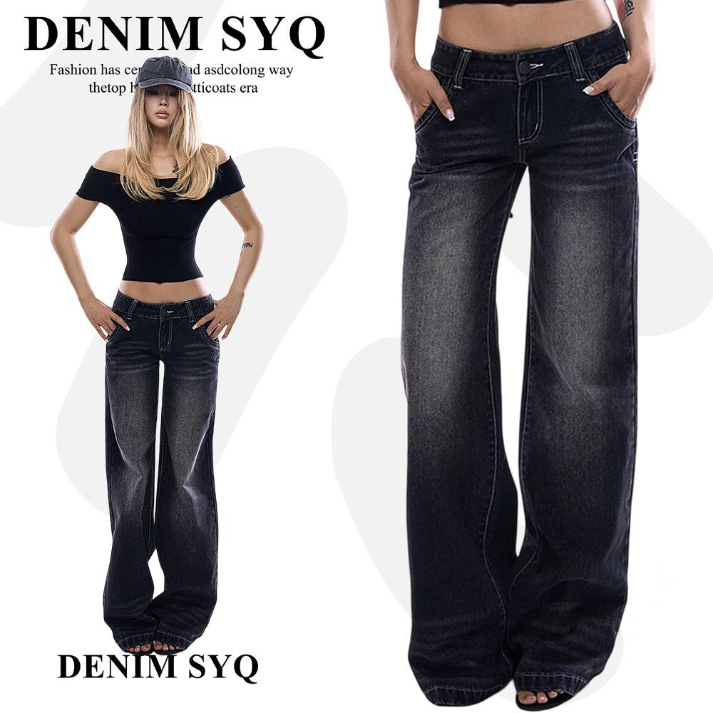 Denim淑娅琦2026秋季新款女千禧灰黑复古经典低腰辣妹直筒牛仔裤
