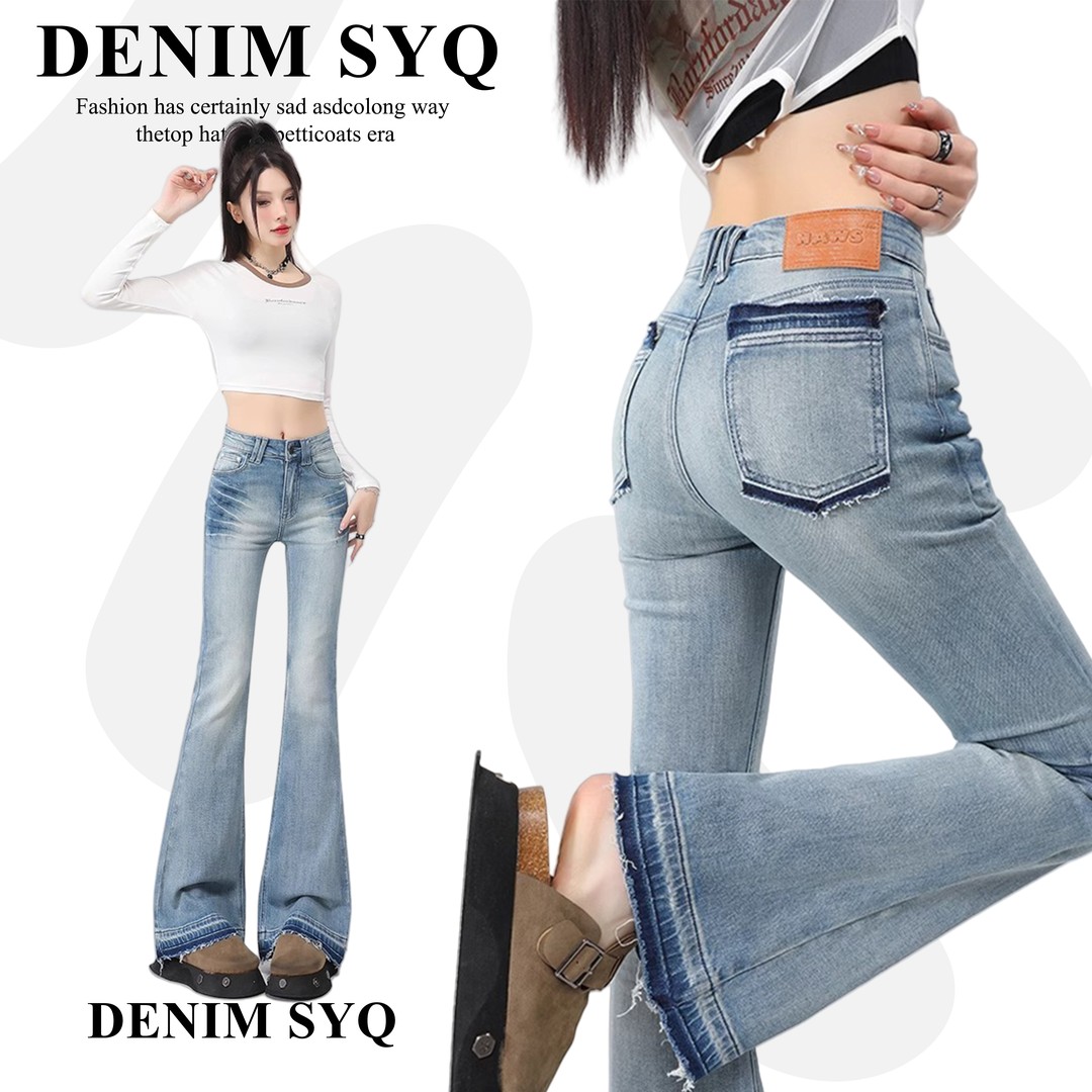 Denim淑娅琦设计浅蓝色水洗微喇叭牛仔裤女秋季设计感弹力马蹄裤