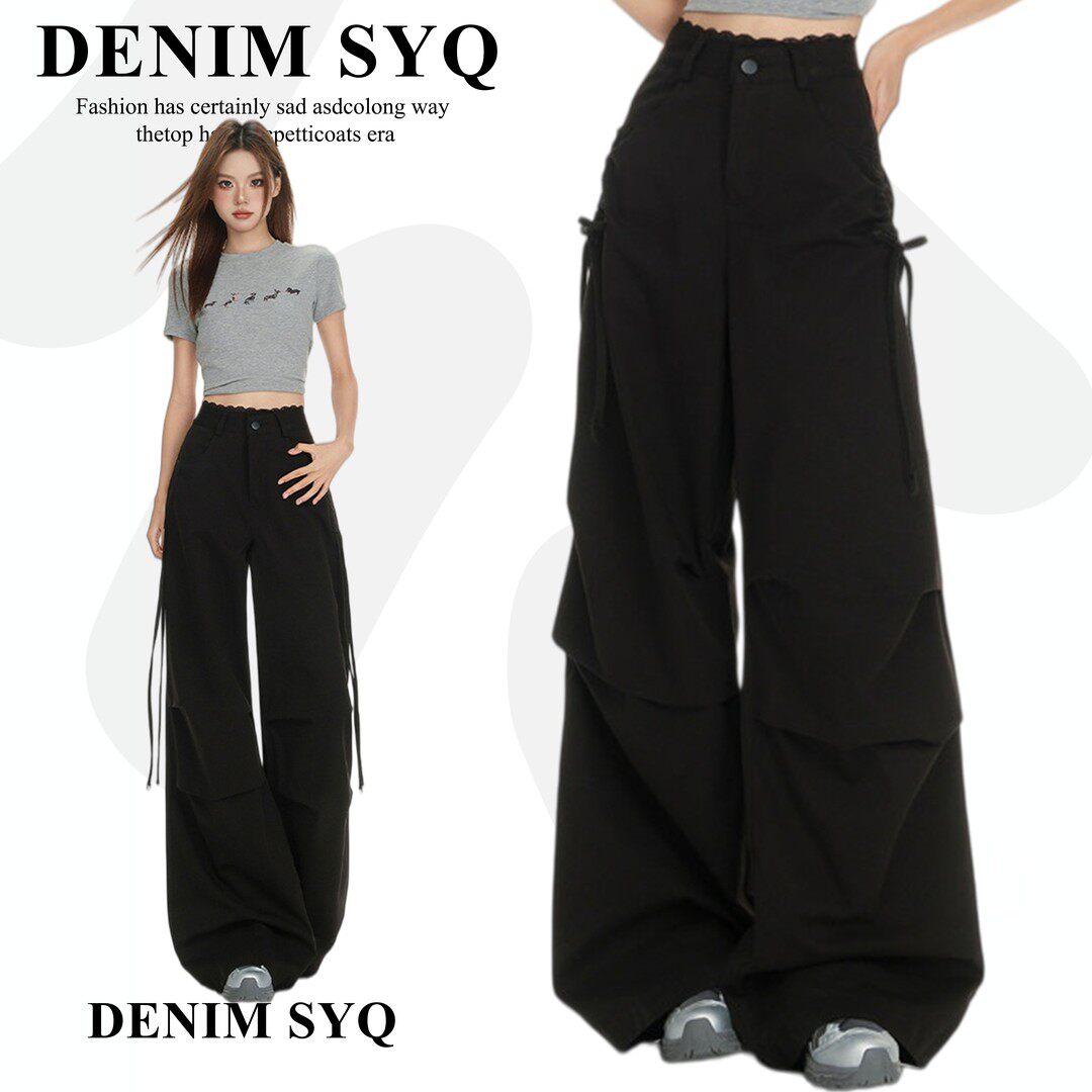 Denim淑娅琦美式黑色蕾丝花边牛仔裤女2026年高腰绑带阔腿工装裤