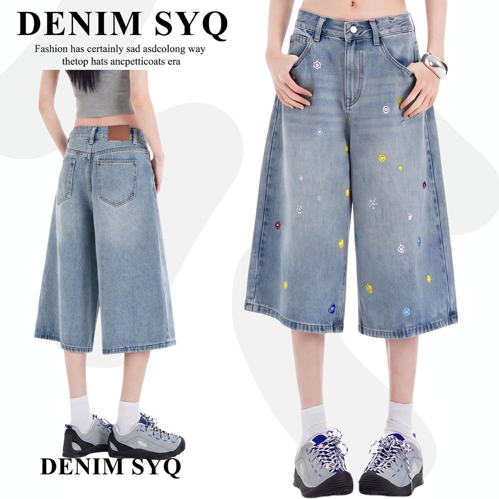 Denim淑娅琦美式复古设计感刺绣七分牛仔裤女2026秋百搭阔腿7分裤