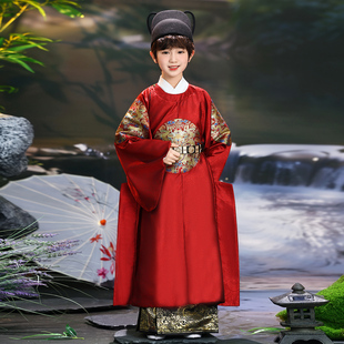 儿童明制汉服男童高端龙补圆领袍套装春款古风2026新款古装中国风