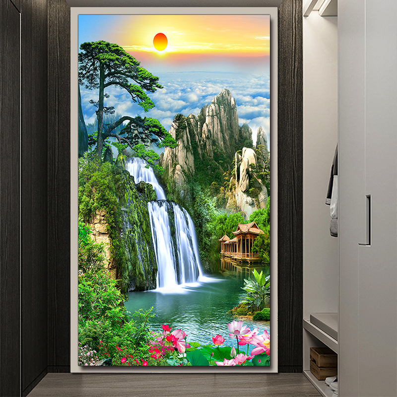 自粘山水画客厅中堂墙壁画办公室流水生财聚宝盆风景画海报贴纸